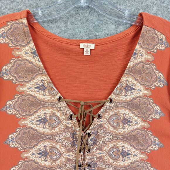 Reba Woman 2X Boho Peasant Top Burnt Orange Lace-Up Paisley Tunic Blouse - Picture 3 of 9